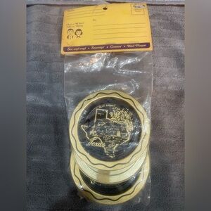 Vintage Texas State Round Metal Souvenir Coasters Ashtrays Black Gold 3.5" Set/4